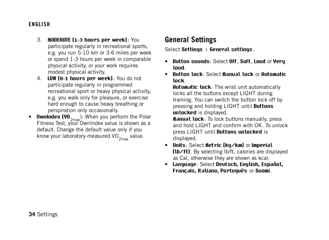 Polar FT60G1BLK user manual General Settings 