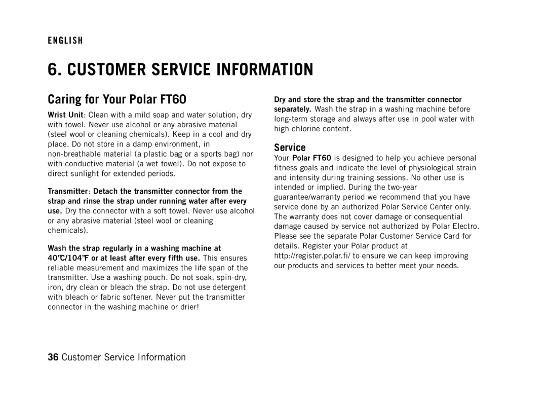 Polar FT60G1BLK user manual Customer Service Information, Caring for Your Polar FT60 