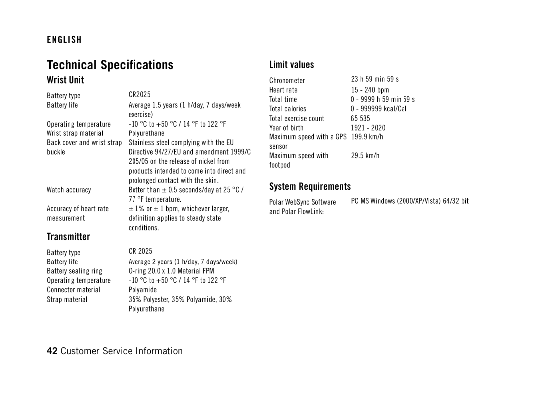 Polar FT60G1BLK user manual Technical Specifications, Wrist Unit, Transmitter, Limit values, System Requirements 