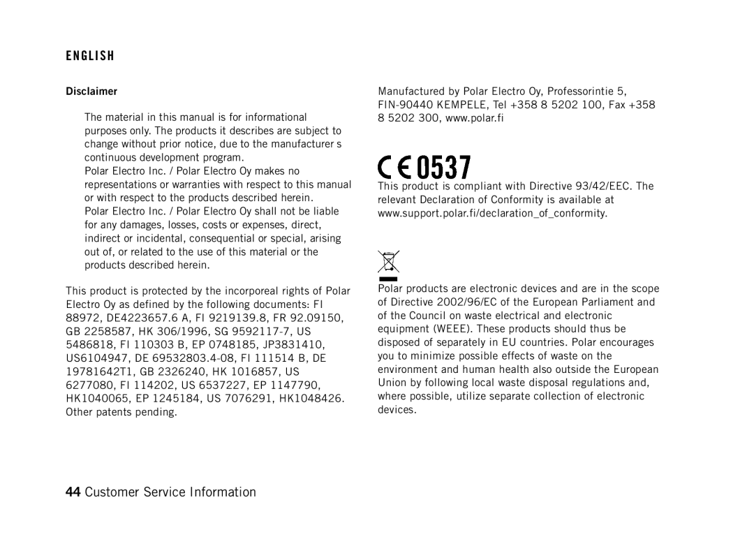 Polar FT60G1BLK user manual Disclaimer 