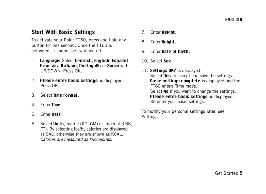 Polar FT60G1BLK user manual Start With Basic Settings, Enter Date of birth, Settings OK? is displayed 