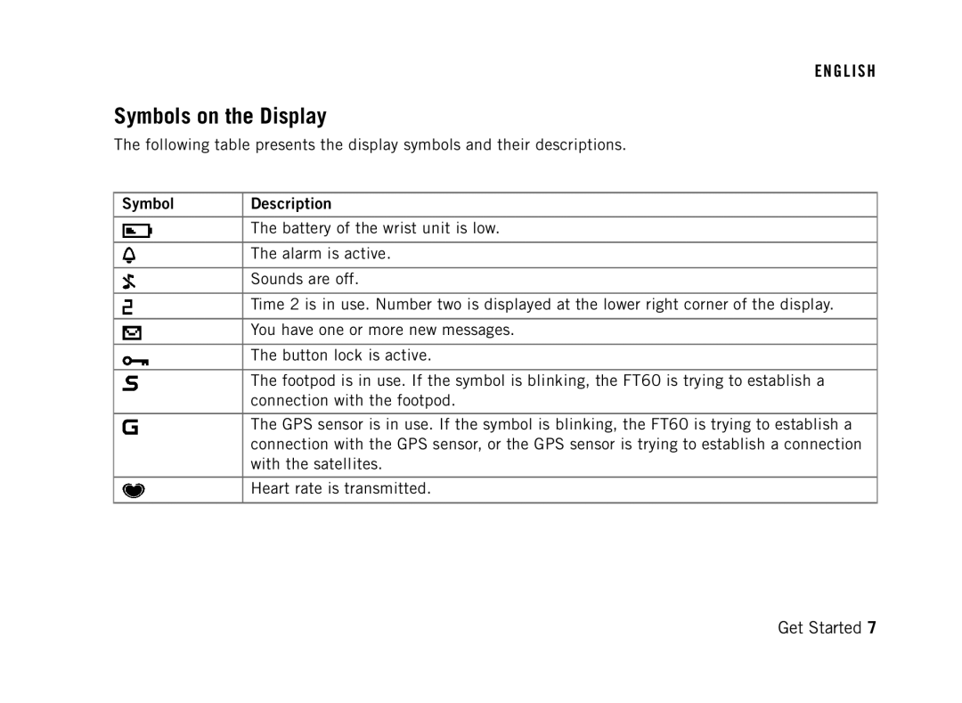 Polar FT60G1BLK user manual Symbols on the Display, Symbol Description 