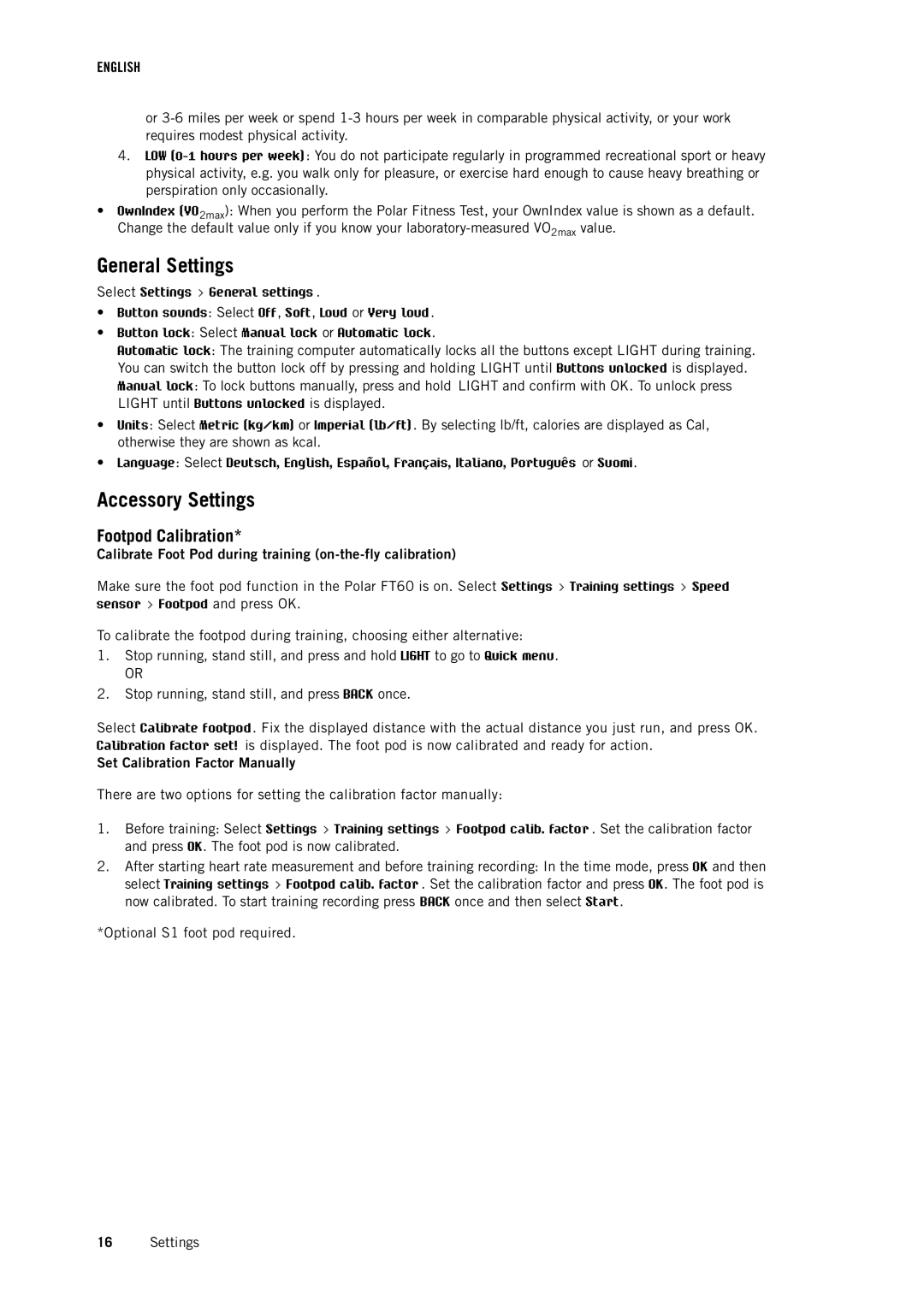 Polar FT60 user manual General Settings, Accessory Settings, Footpod Calibration, Set Calibration Factor Manually 