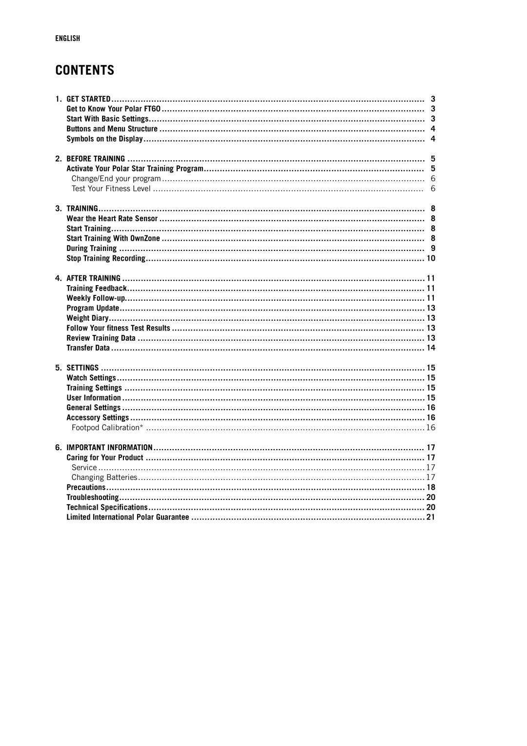 Polar FT60 user manual Contents 