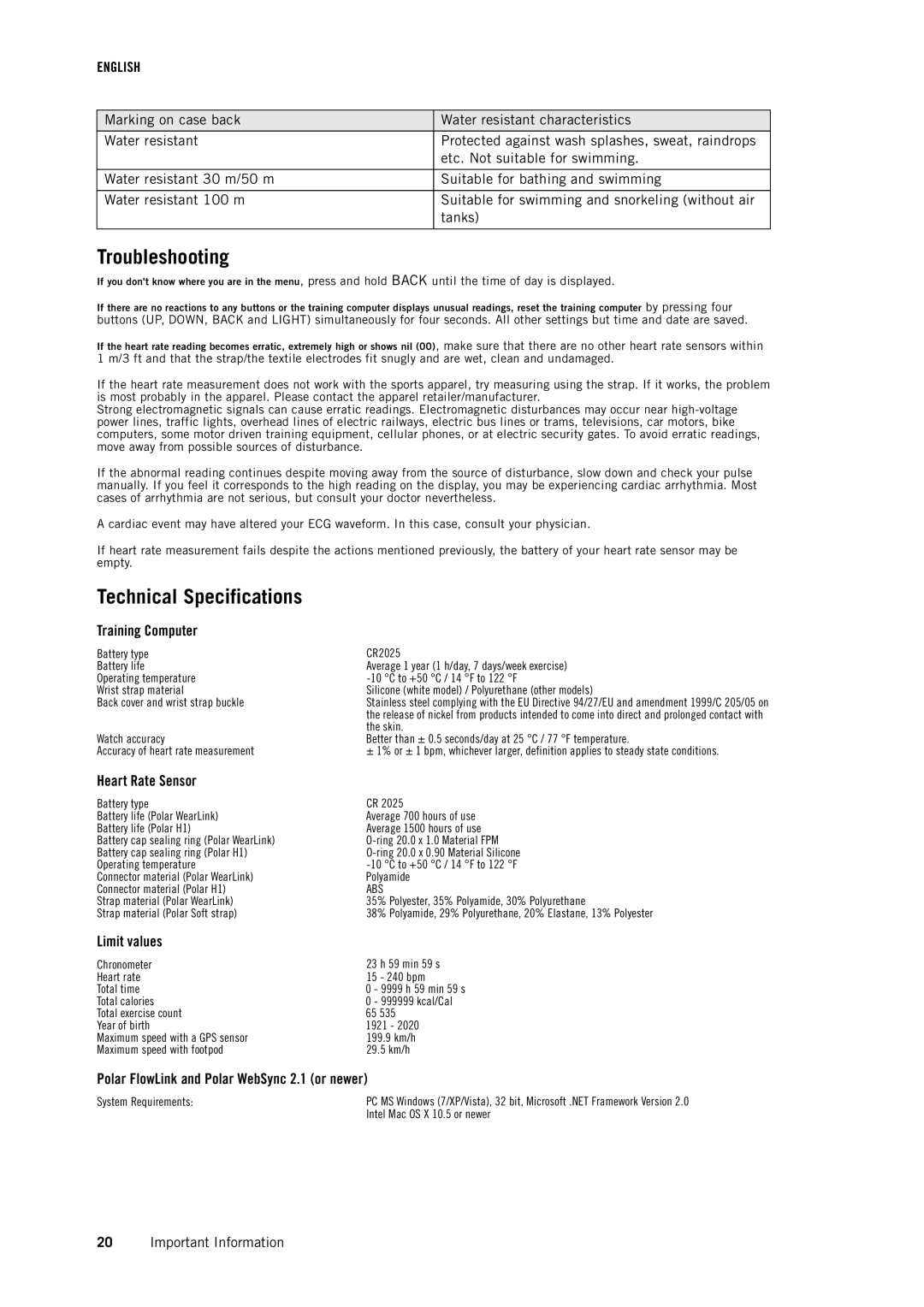 Polar FT60 user manual Troubleshooting, Technical Specifications 