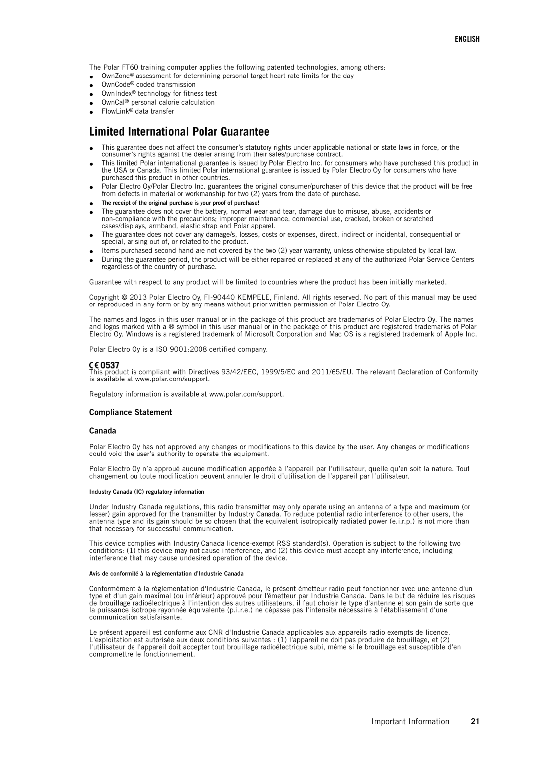 Polar FT60 user manual Limited International Polar Guarantee, Compliance Statement Canada 