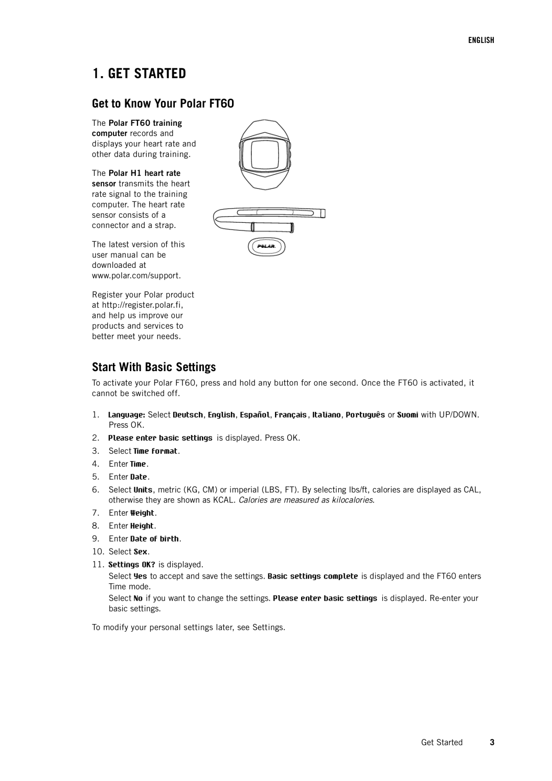 Polar GET Started, Get to Know Your Polar FT60, Start With Basic Settings, Polar FT60 training, Polar H1 heart rate 