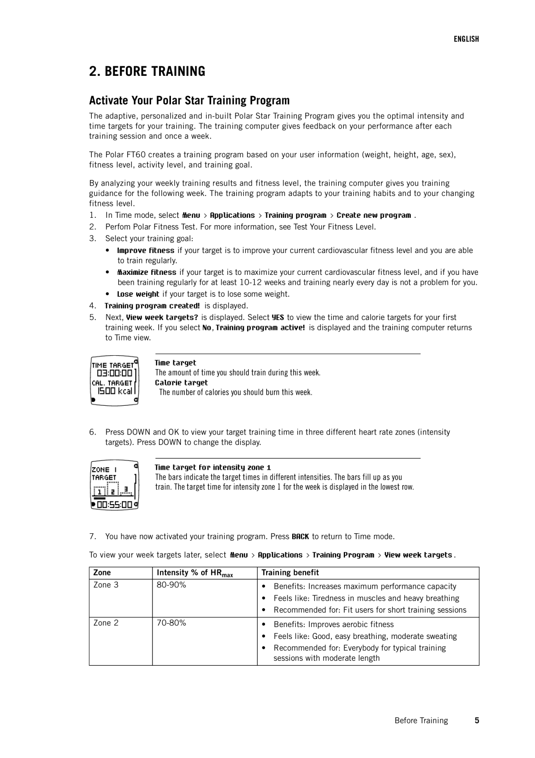 Polar FT60 Before Training, Activate Your Polar Star Training Program, Zone Intensity % of HR max Training benefit 
