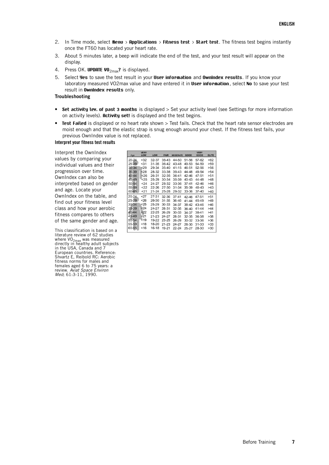 Polar FT60 user manual Interpret your fitness test results 