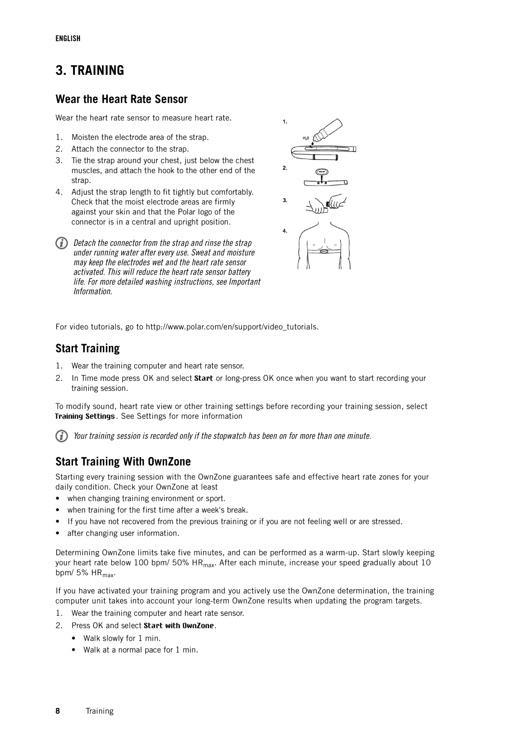 Polar FT60 user manual Wear the Heart Rate Sensor, Start Training With OwnZone 