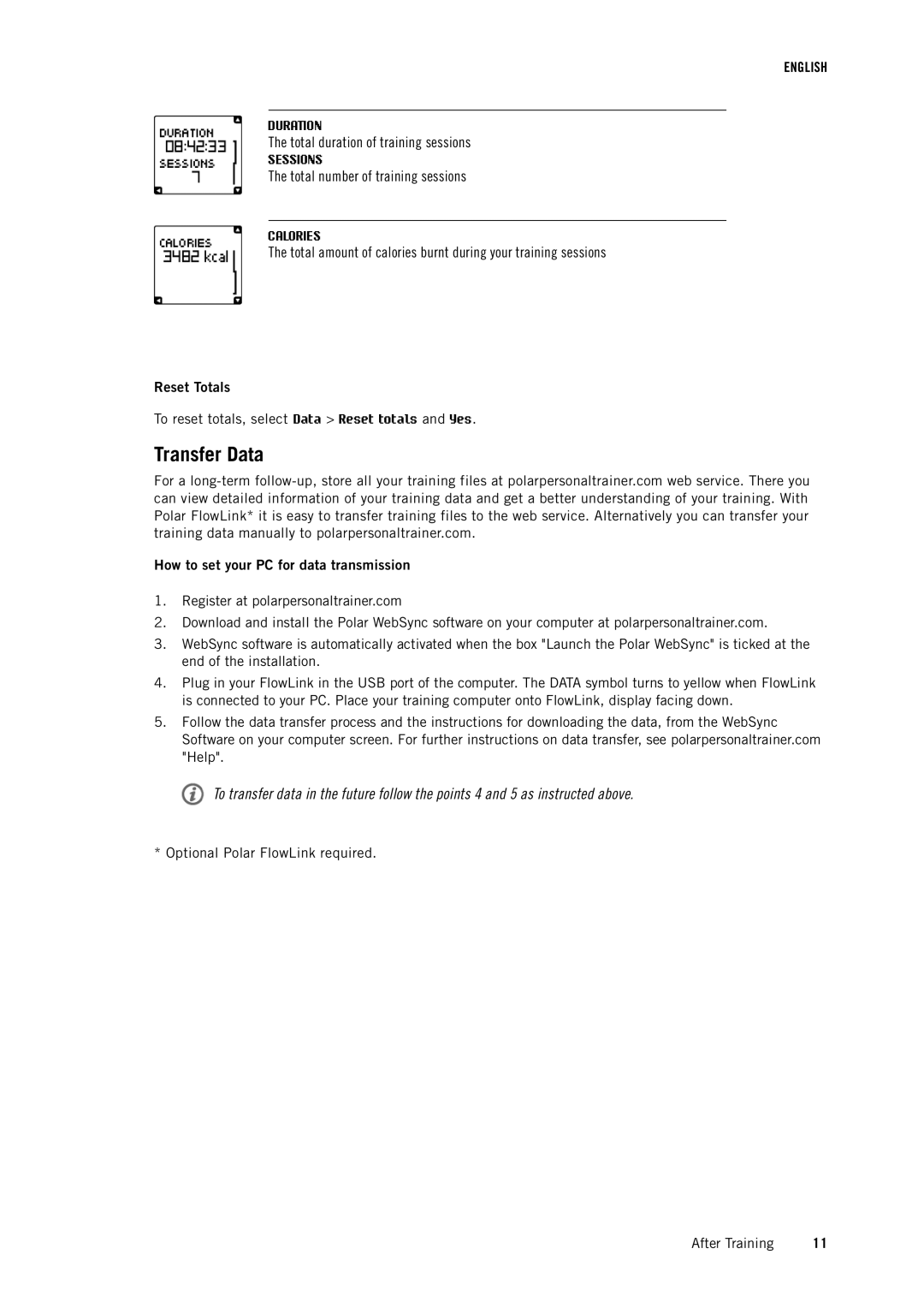 Polar FT7 user manual Transfer Data, Reset Totals, How to set your PC for data transmission 