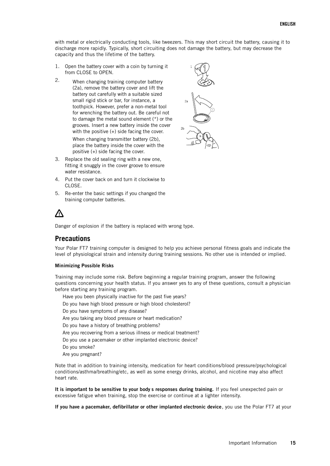 Polar FT7 user manual Precautions, Minimizing Possible Risks 