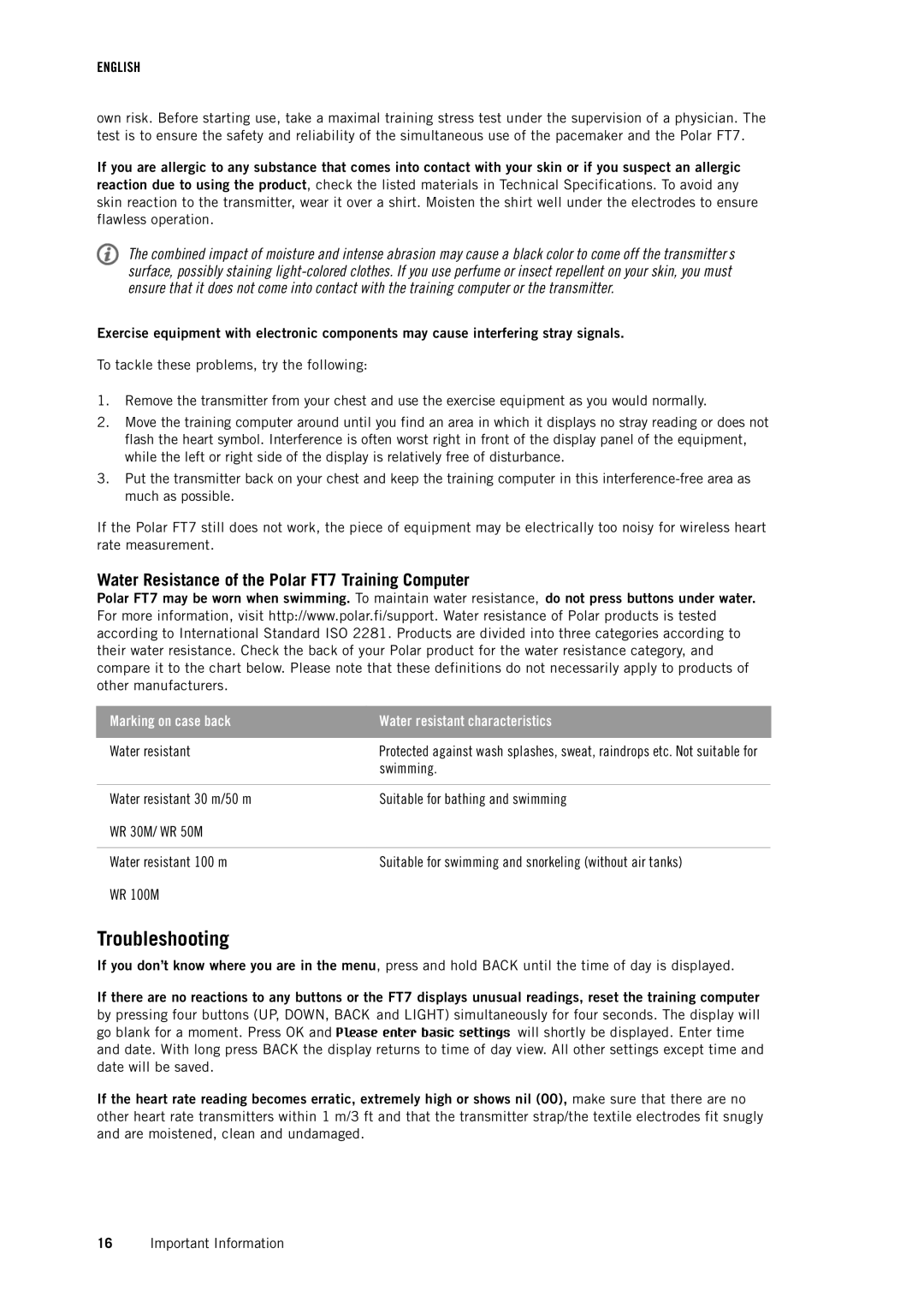 Polar user manual Troubleshooting, Water Resistance of the Polar FT7 Training Computer 