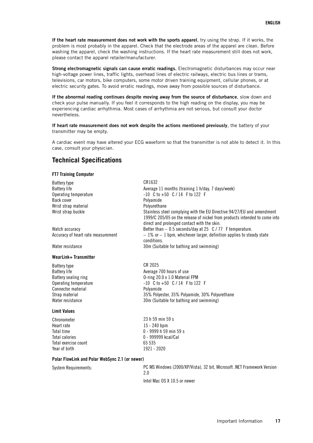 Polar user manual Technical Specifications, FT7 Training Computer 