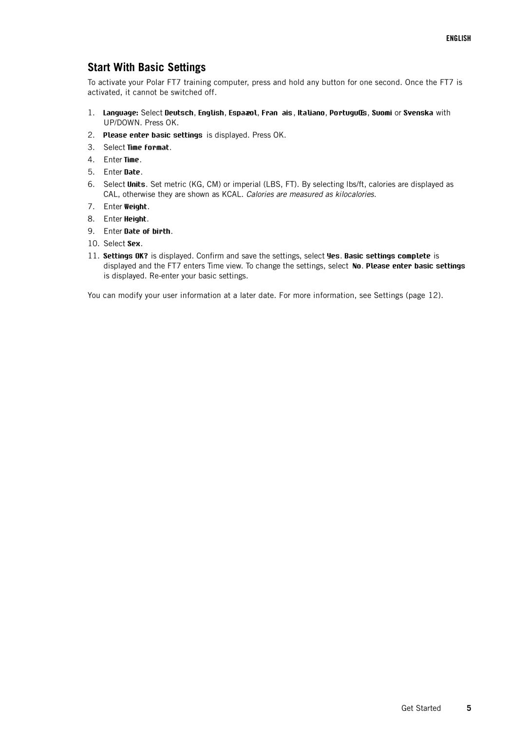 Polar FT7 user manual Start With Basic Settings 