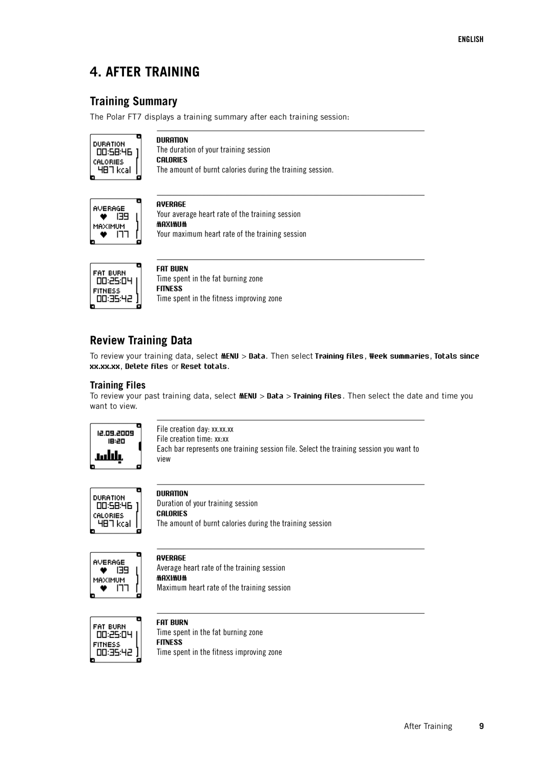 Polar FT7 user manual After Training, Training Summary, Review Training Data, Training Files 