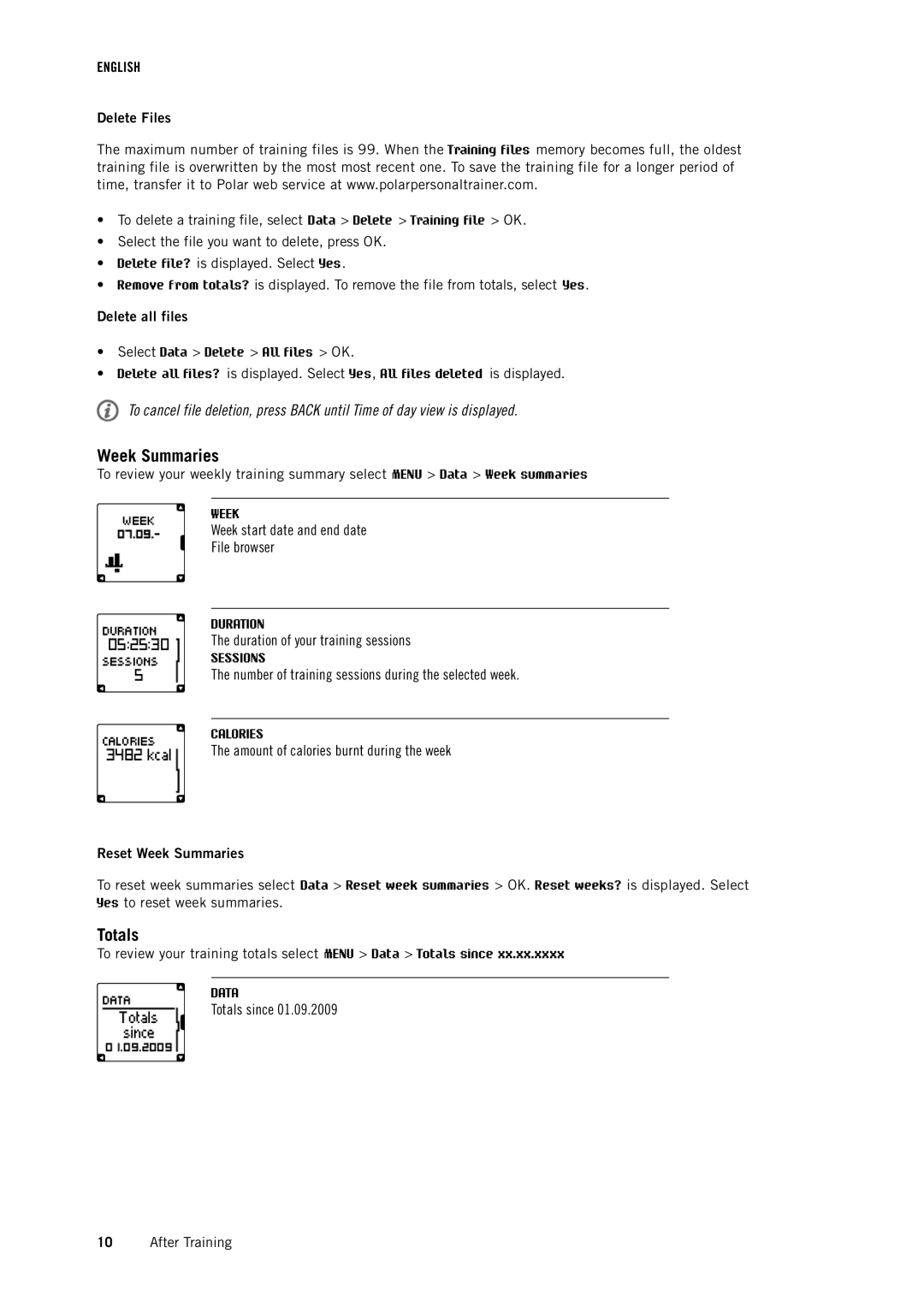 Polar FT7 user manual Totals, Delete Files, Delete all files, Reset Week Summaries 