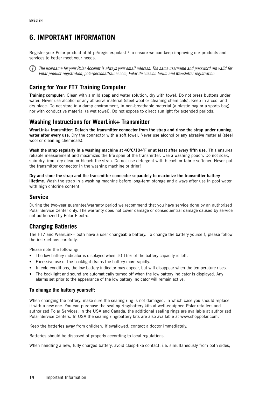 Polar Important Information, Caring for Your FT7 Training Computer, Washing Instructions for WearLink+ Transmitter 