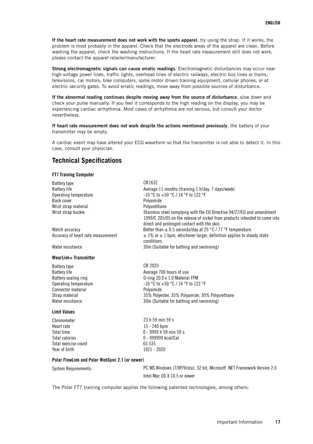 Polar user manual Technical Specifications, FT7 Training Computer 