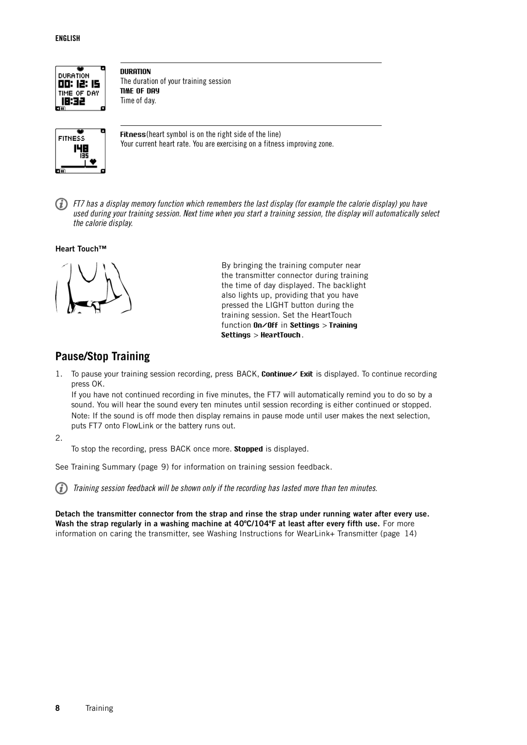 Polar FT7 user manual Pause/Stop Training, Heart Touch 