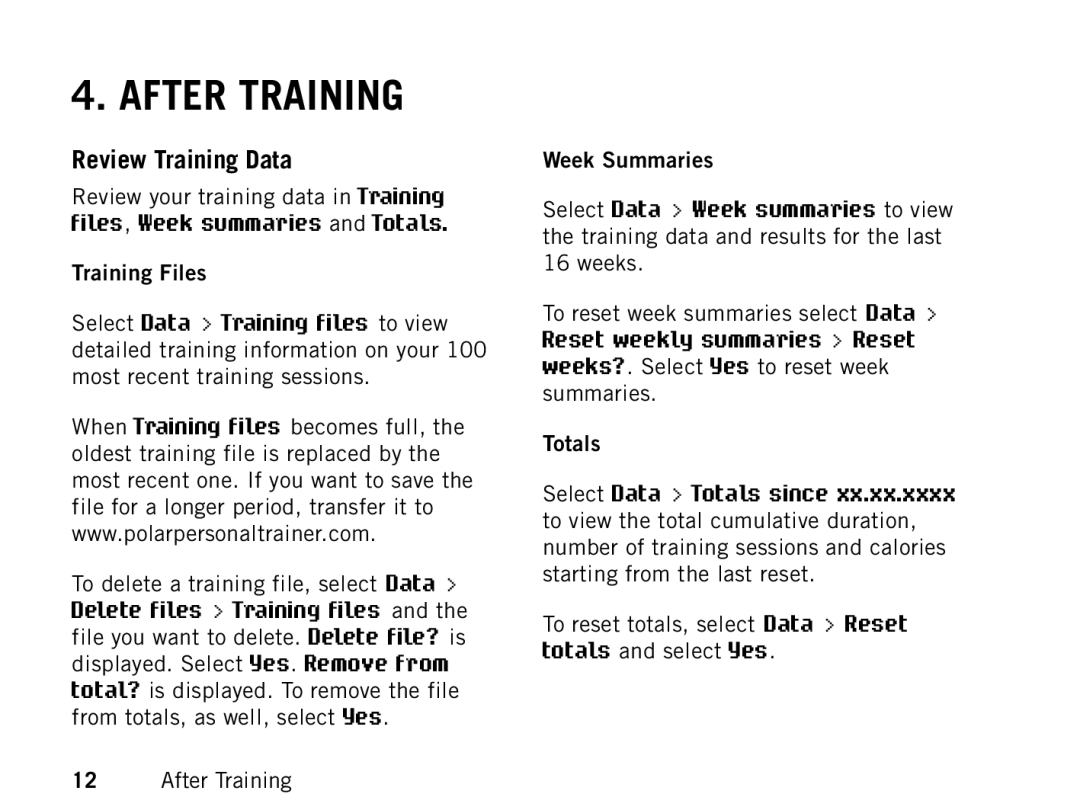 Polar FT80 manual After Training, Review Training Data, Training Files 