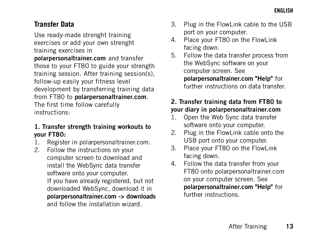 Polar manual Transfer Data, Transfer strength training workouts to your FT80 