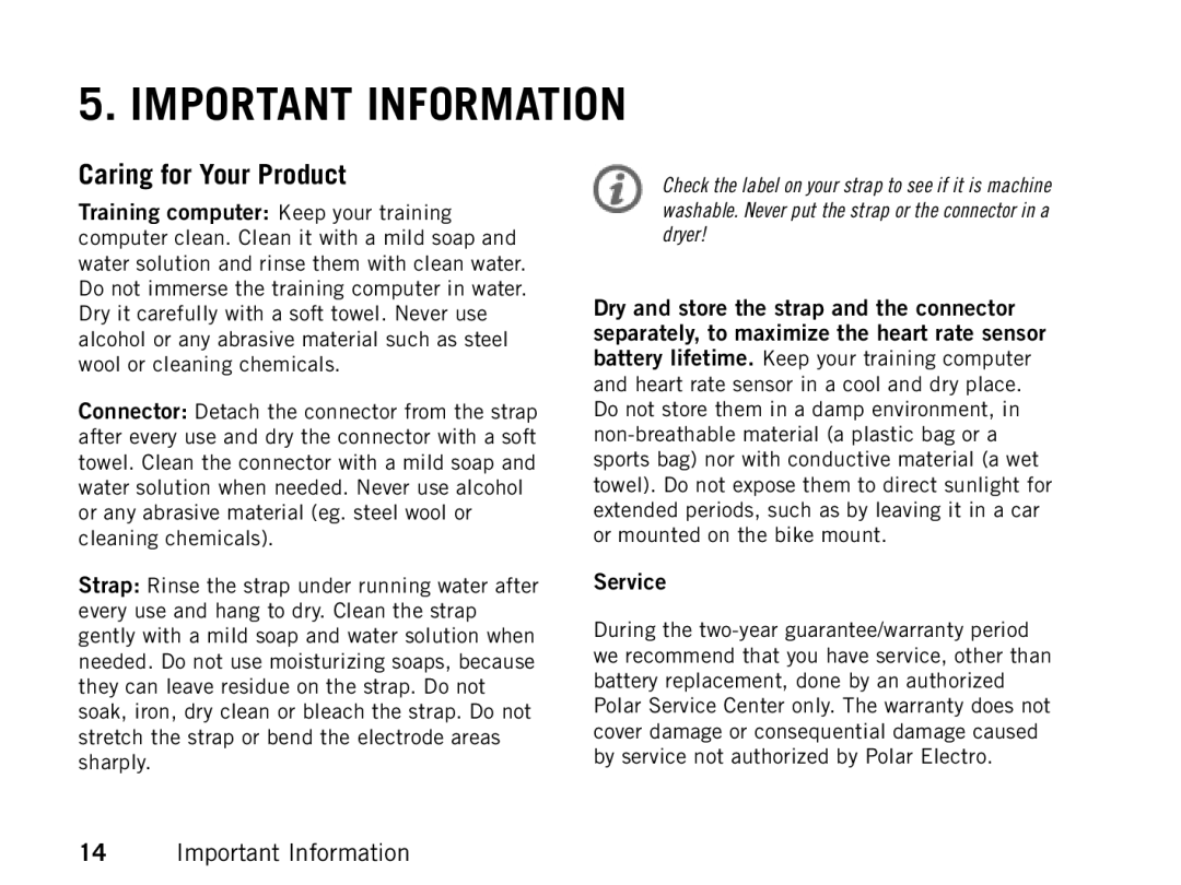 Polar FT80 manual Important Information, Caring for Your Product, Service 