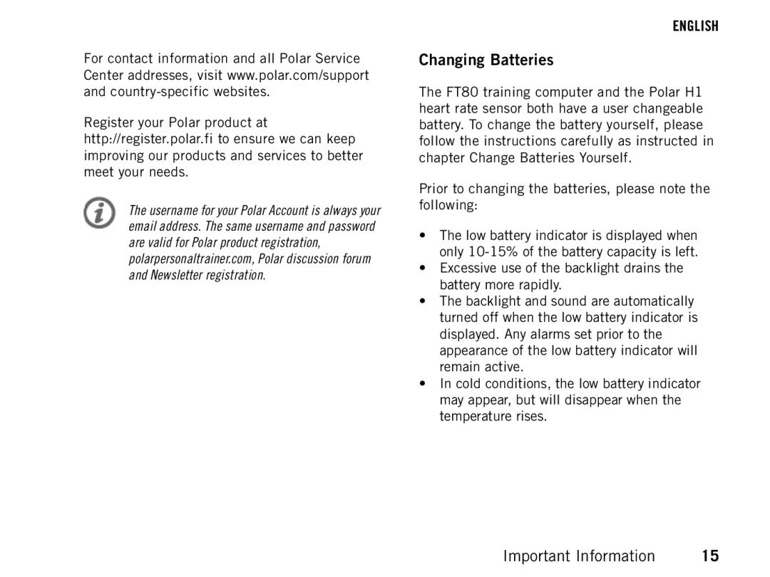 Polar FT80 manual Changing Batteries 