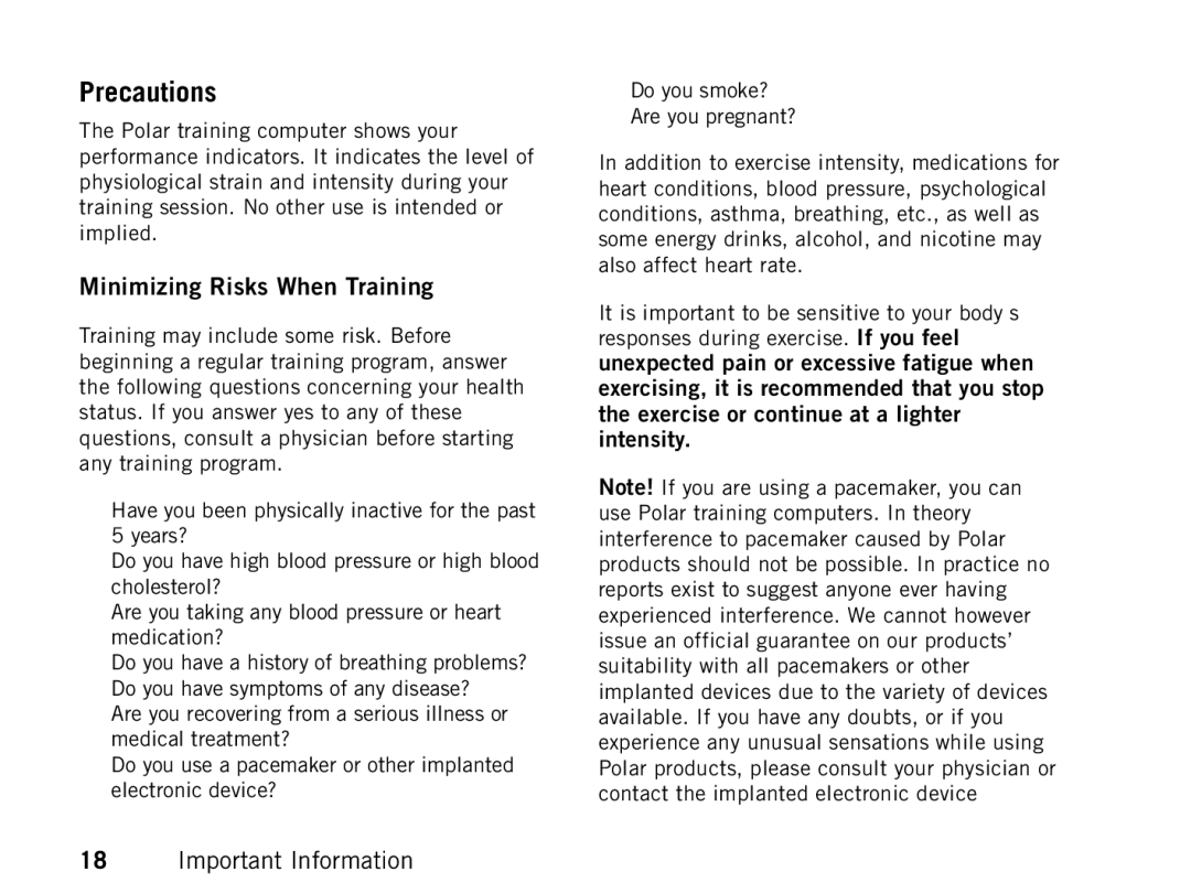 Polar FT80 manual Precautions, Minimizing Risks When Training 