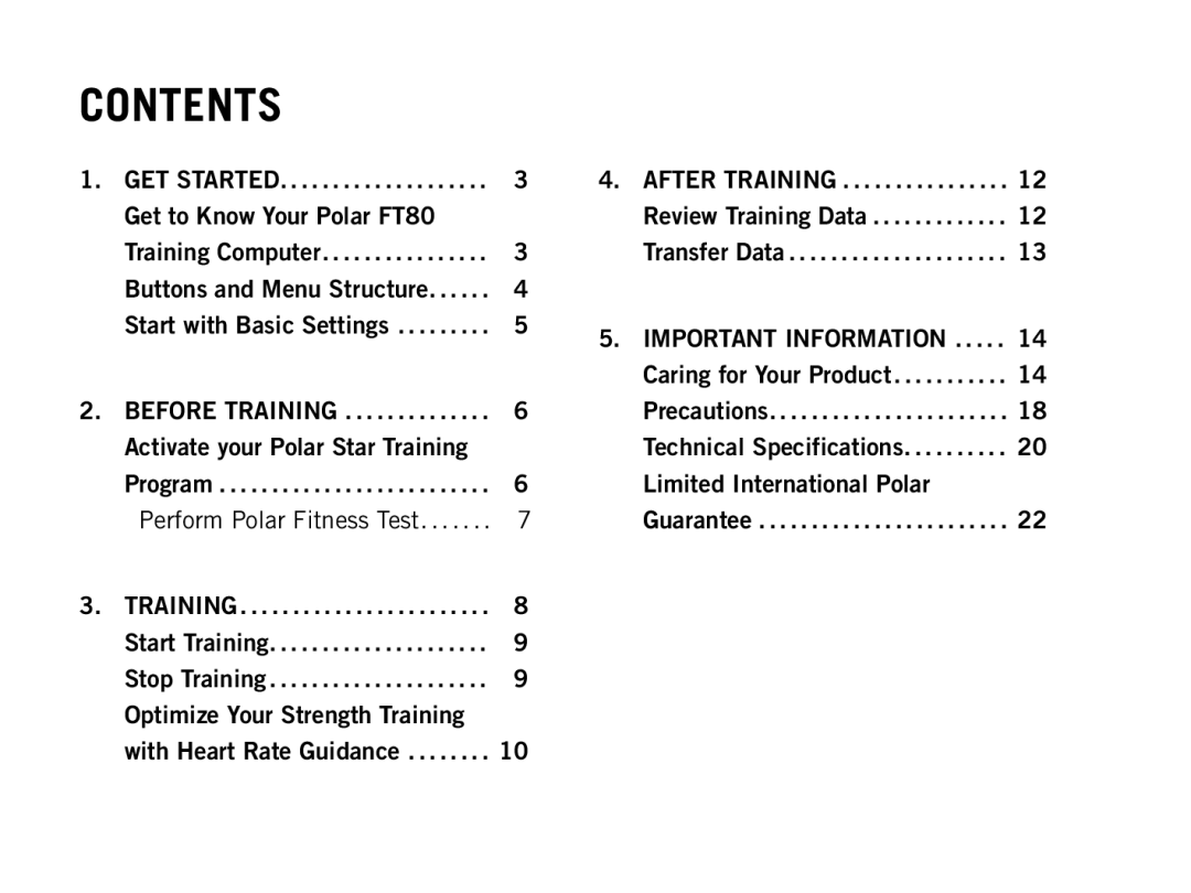 Polar FT80 manual Contents 