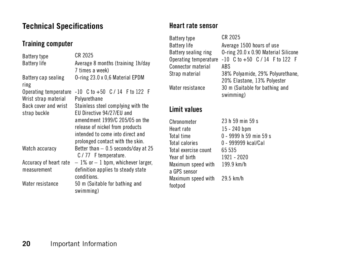 Polar FT80 manual Technical Specifications, Training computer 