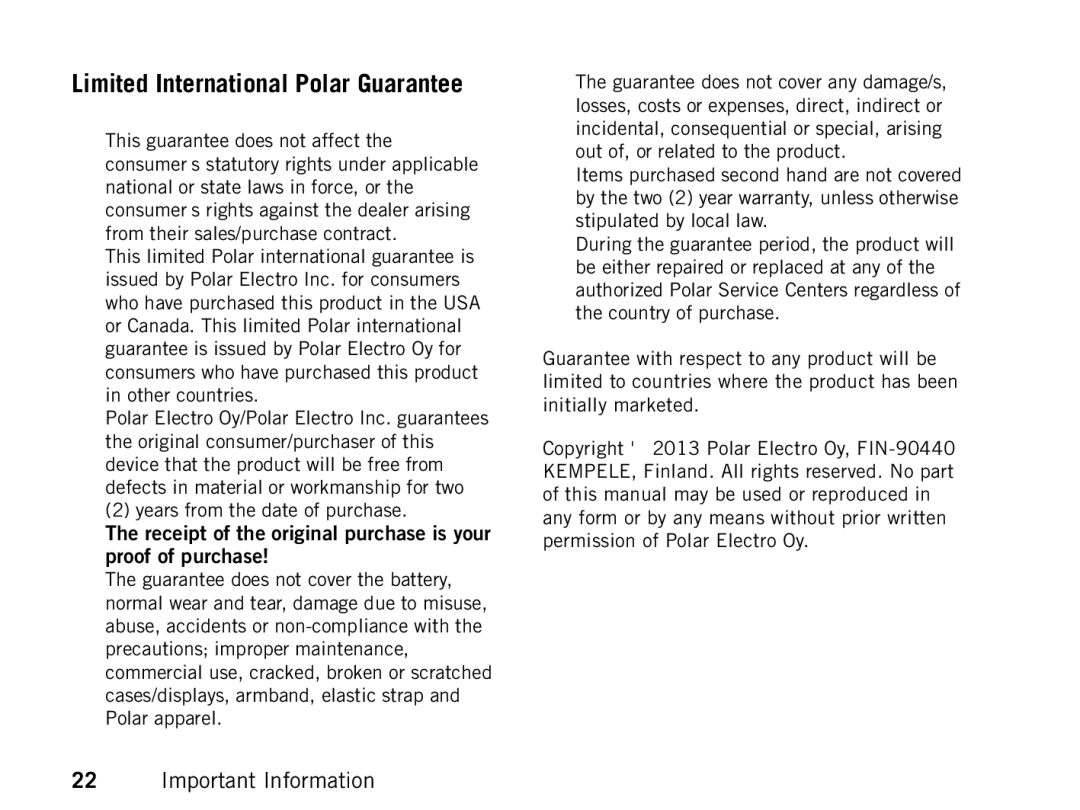 Polar FT80 manual Limited International Polar Guarantee 