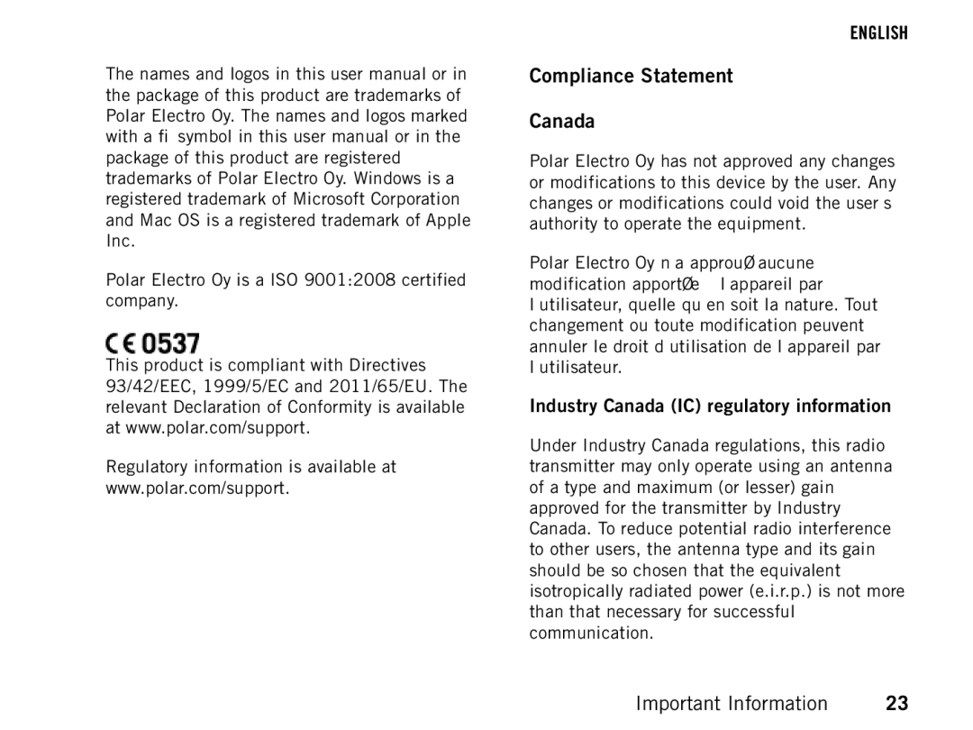 Polar FT80 manual Compliance Statement Canada, Industry Canada IC regulatory information 