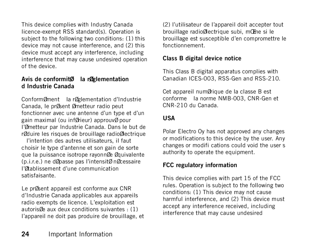 Polar FT80 manual Avis de conformité à la réglementation d’Industrie Canada, Class B digital device notice 