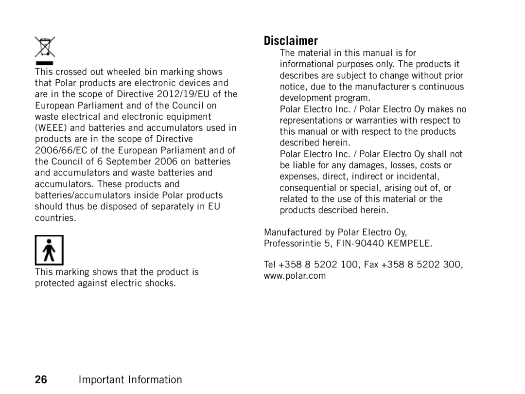 Polar FT80 manual Disclaimer 