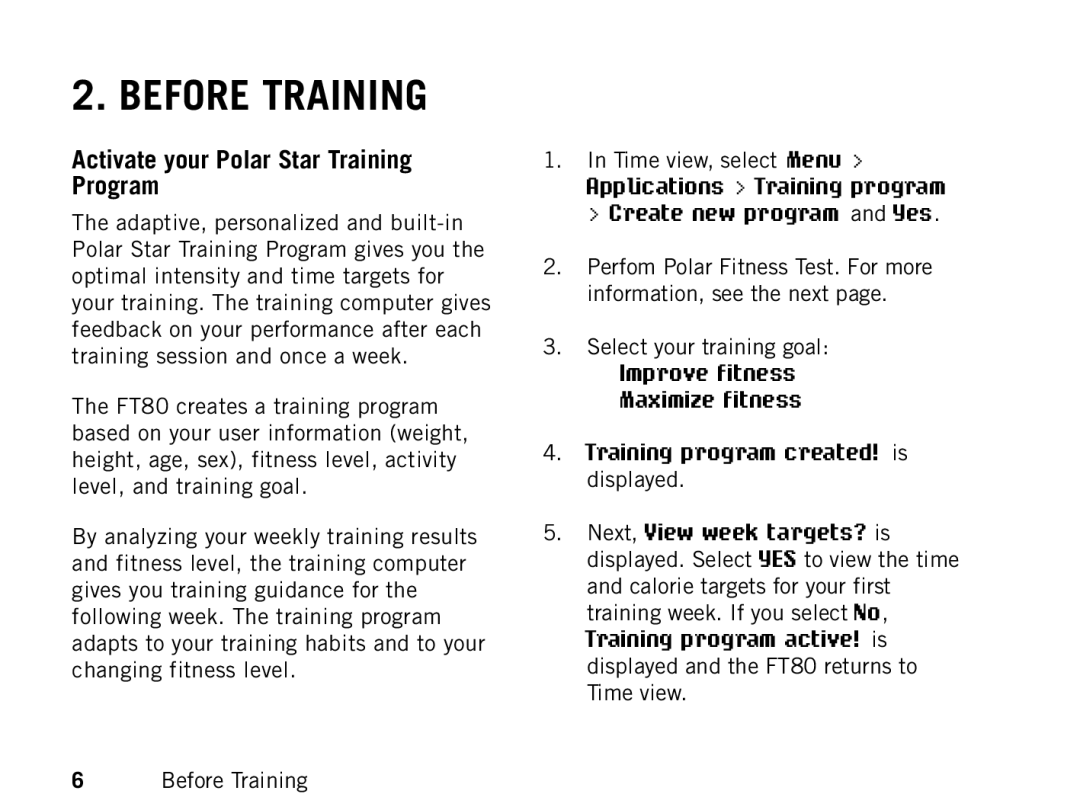 Polar FT80 manual Before Training, Activate your Polar Star Training Program 