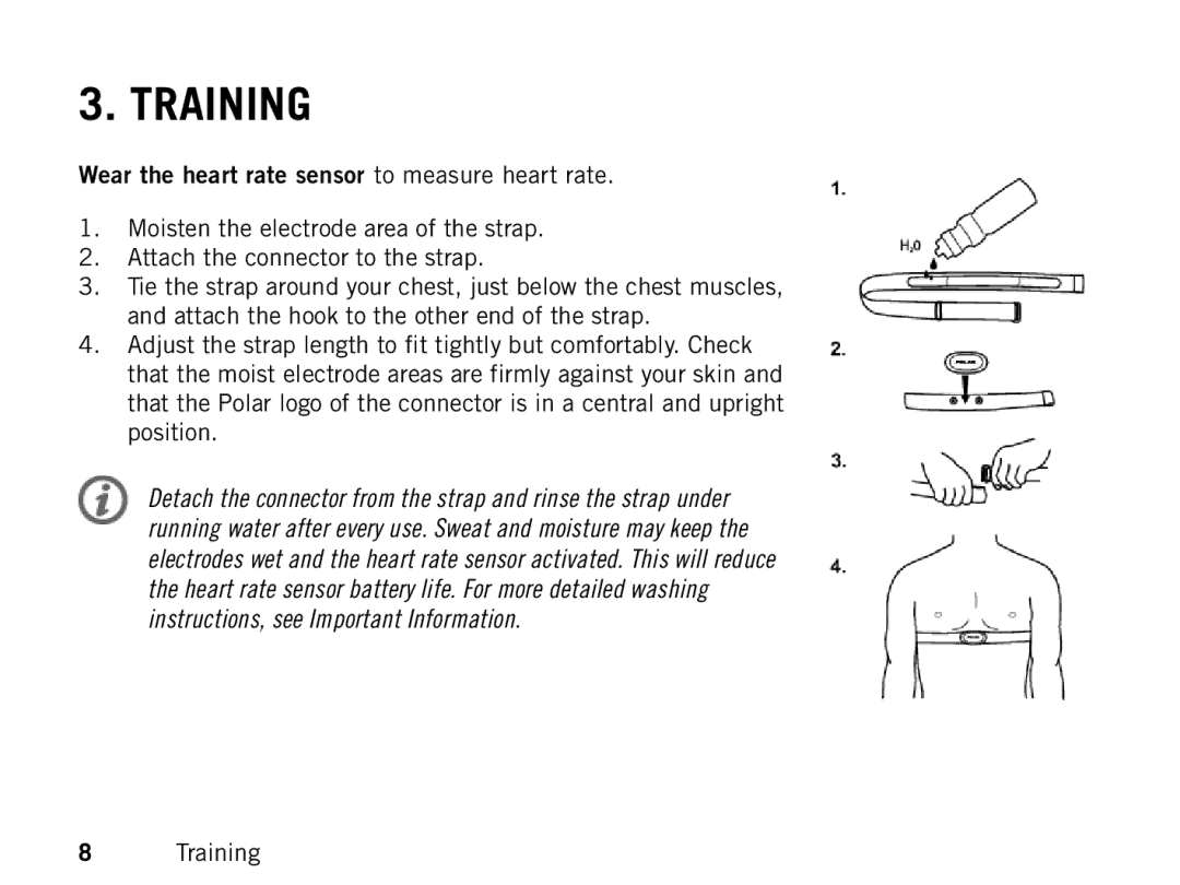 Polar FT80 manual Training, Wear the heart rate sensor to measure heart rate 