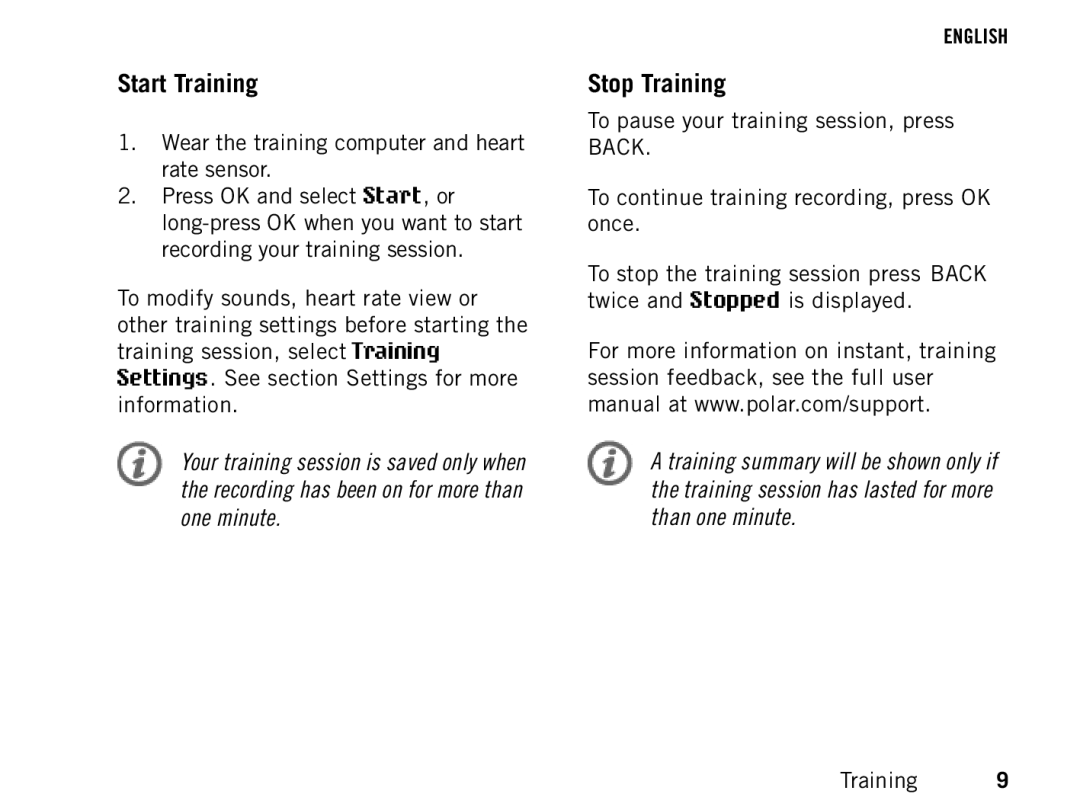 Polar FT80 manual Start Training, Stop Training 