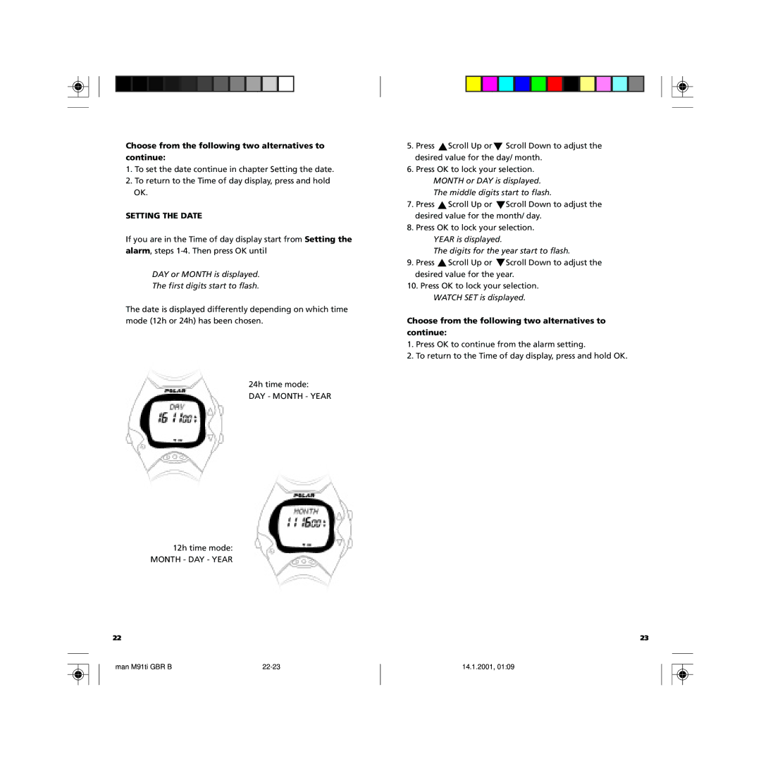 Polar GBR user manual Setting the Date, DAY or Month is displayed First digits start to flash, Watch SET is displayed 