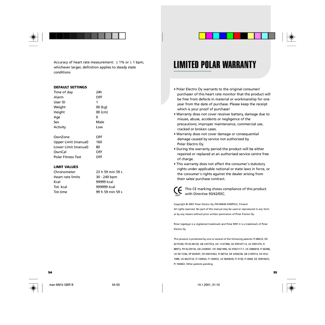 Polar GBR user manual Limited Polar Warranty, Default Settings, Limit Values 