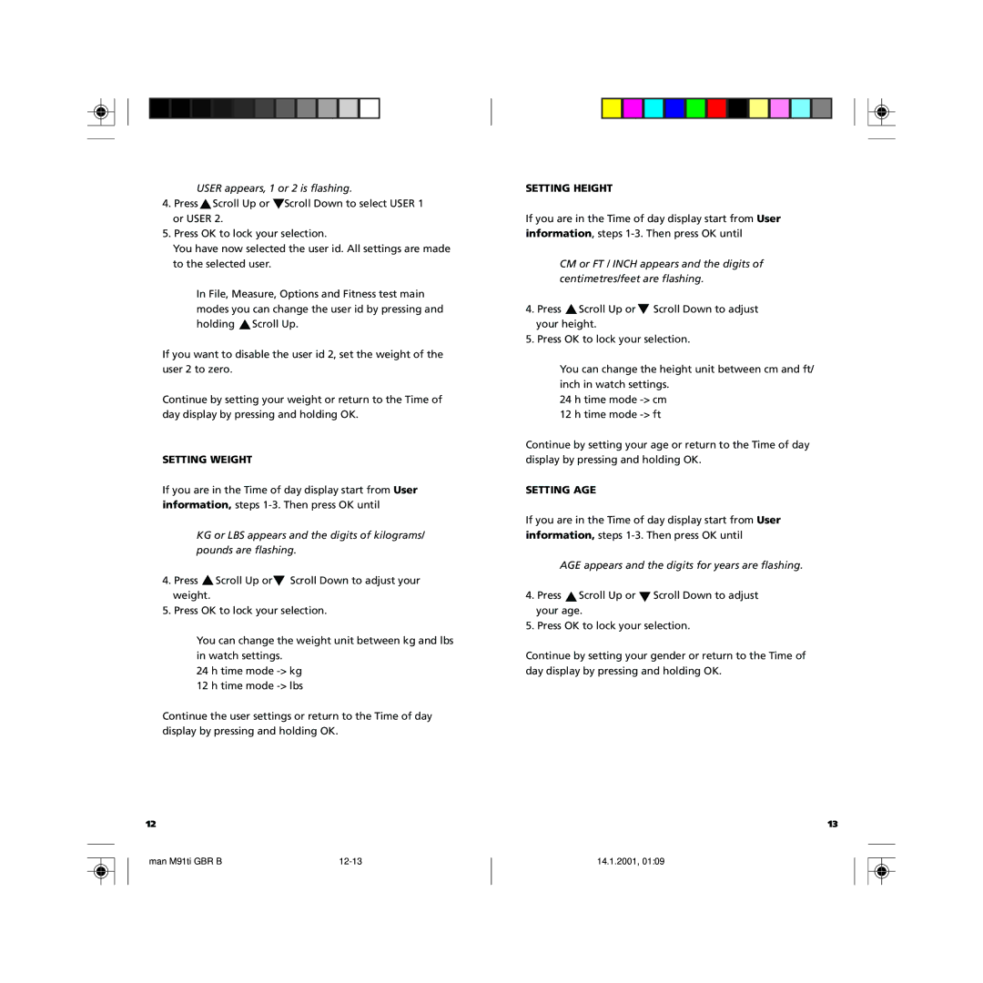 Polar GBR user manual Setting Weight, Setting Height, Setting AGE 