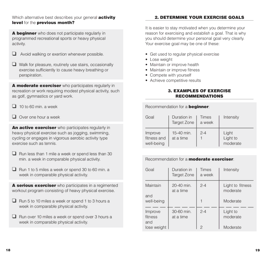 Polar HEARTWATCH user manual Determine Your Exercise Goals, Examples of Exercise Recommendations 