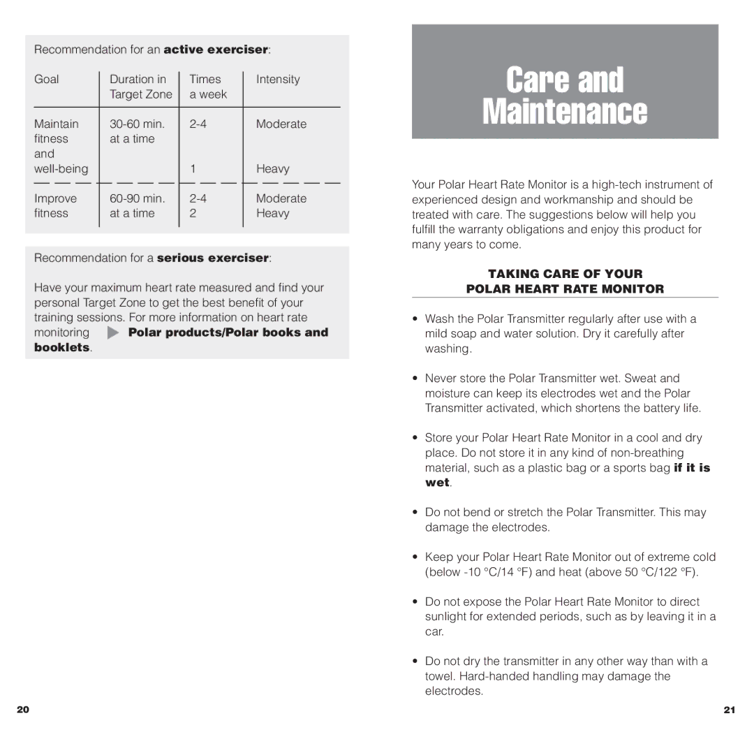 Polar HEARTWATCH user manual Care Maintenance, Taking Care of Your Polar Heart Rate Monitor 