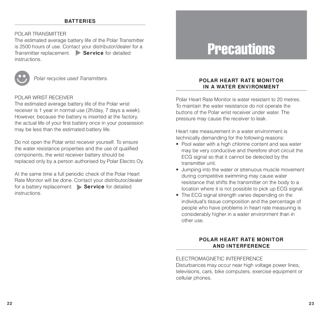Polar HEARTWATCH Precautions, Batteries, Polar recycles used Transmitters, Polar Heart Rate Monitor A Water Environment 
