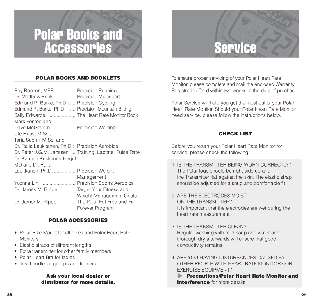 Polar HEARTWATCH user manual Polar Books Accessories, Service, Polar Books and Booklets, Polar Accessories, Check List 