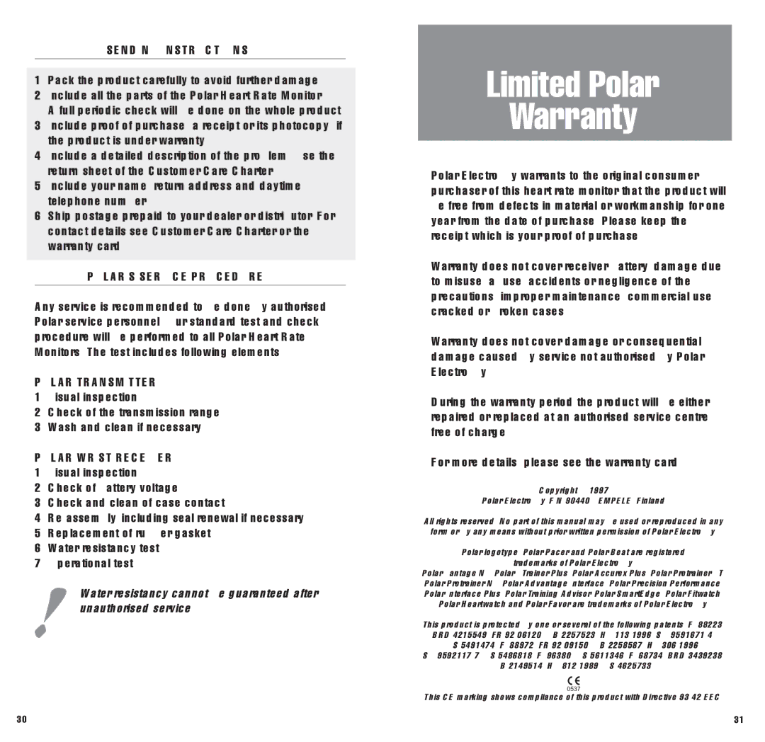 Polar HEARTWATCH user manual Limited Polar Warranty, Sending Instructions, POLAR’S Service Procedure 