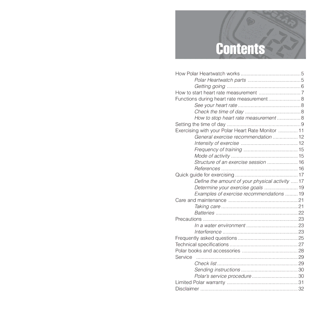 Polar HEARTWATCH user manual Contents 