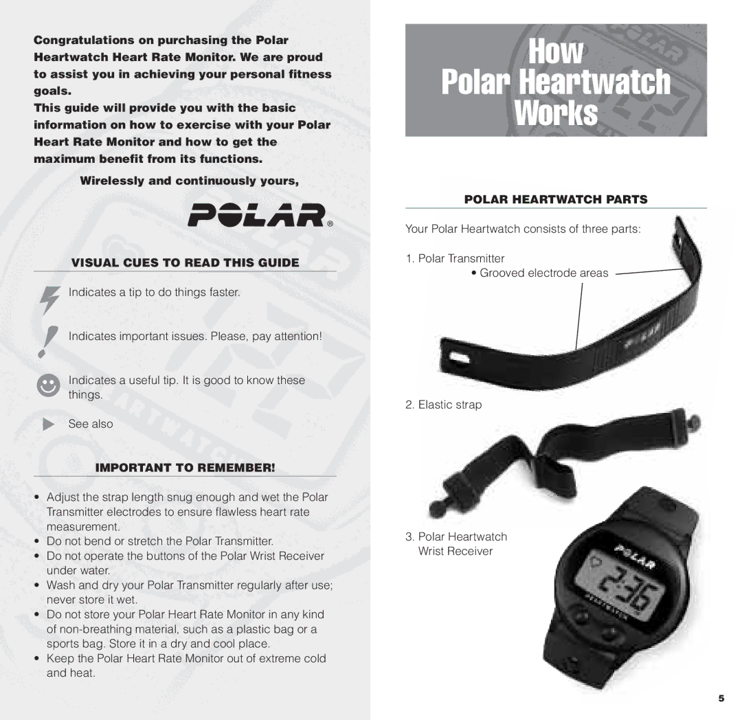 Polar HEARTWATCH user manual How, Works, Visual Cues to Read this Guide, Important to Remember, Polar Heartwatch Parts 