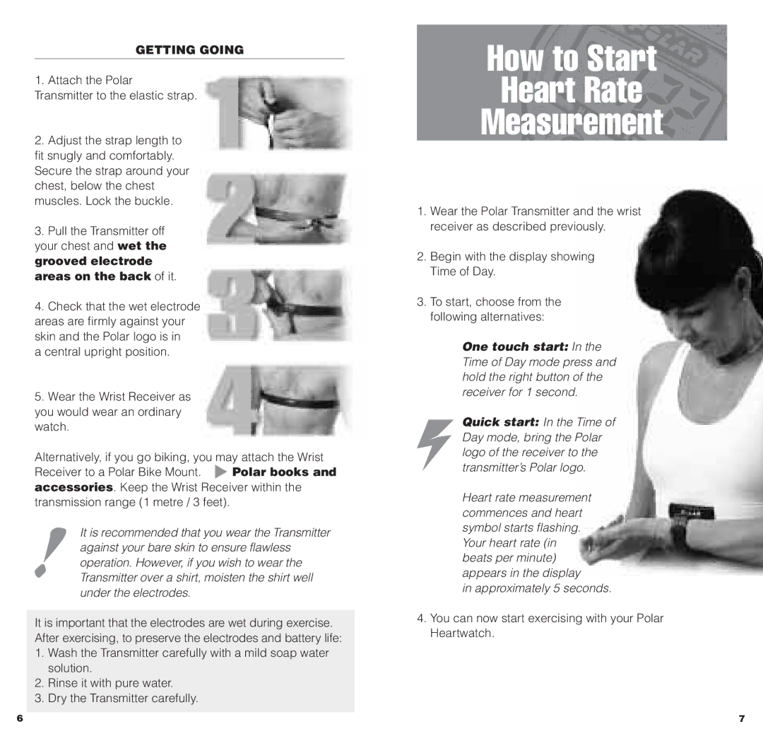 Polar HEARTWATCH user manual How to Start Heart Rate Measurement, Getting Going 