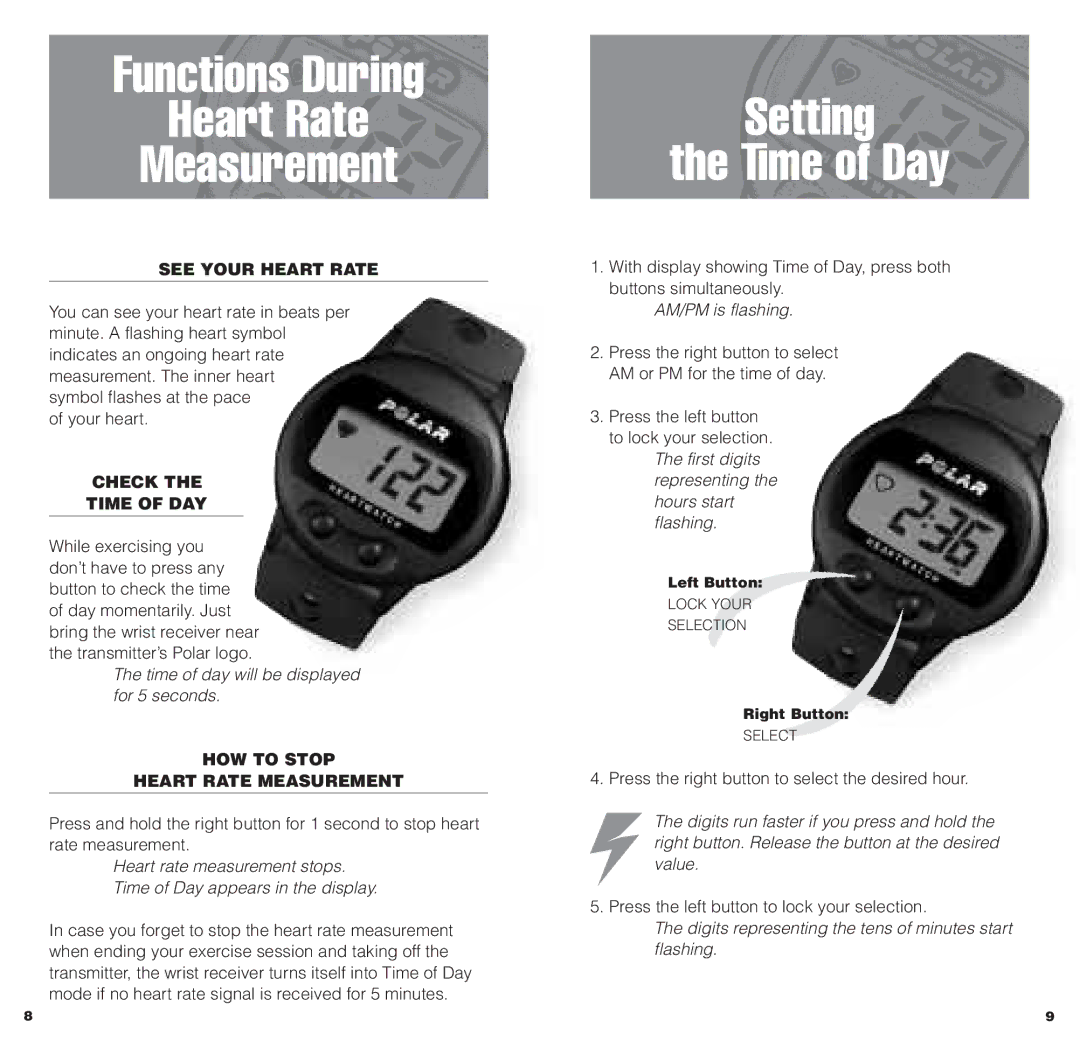 Polar HEARTWATCH Functions During Heart Rate Measurement, Setting Time of Day, See Your Heart Rate, Check Time of DAY 